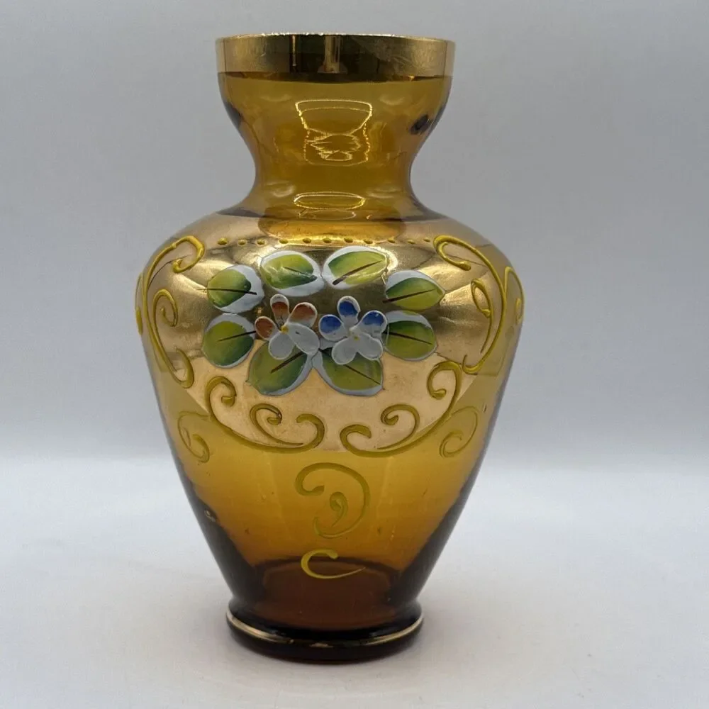 Vase Nasco Amber Glass Hand Painted Raised Enamel Flowers Gilt 6.25” - Picture 1 of 9
